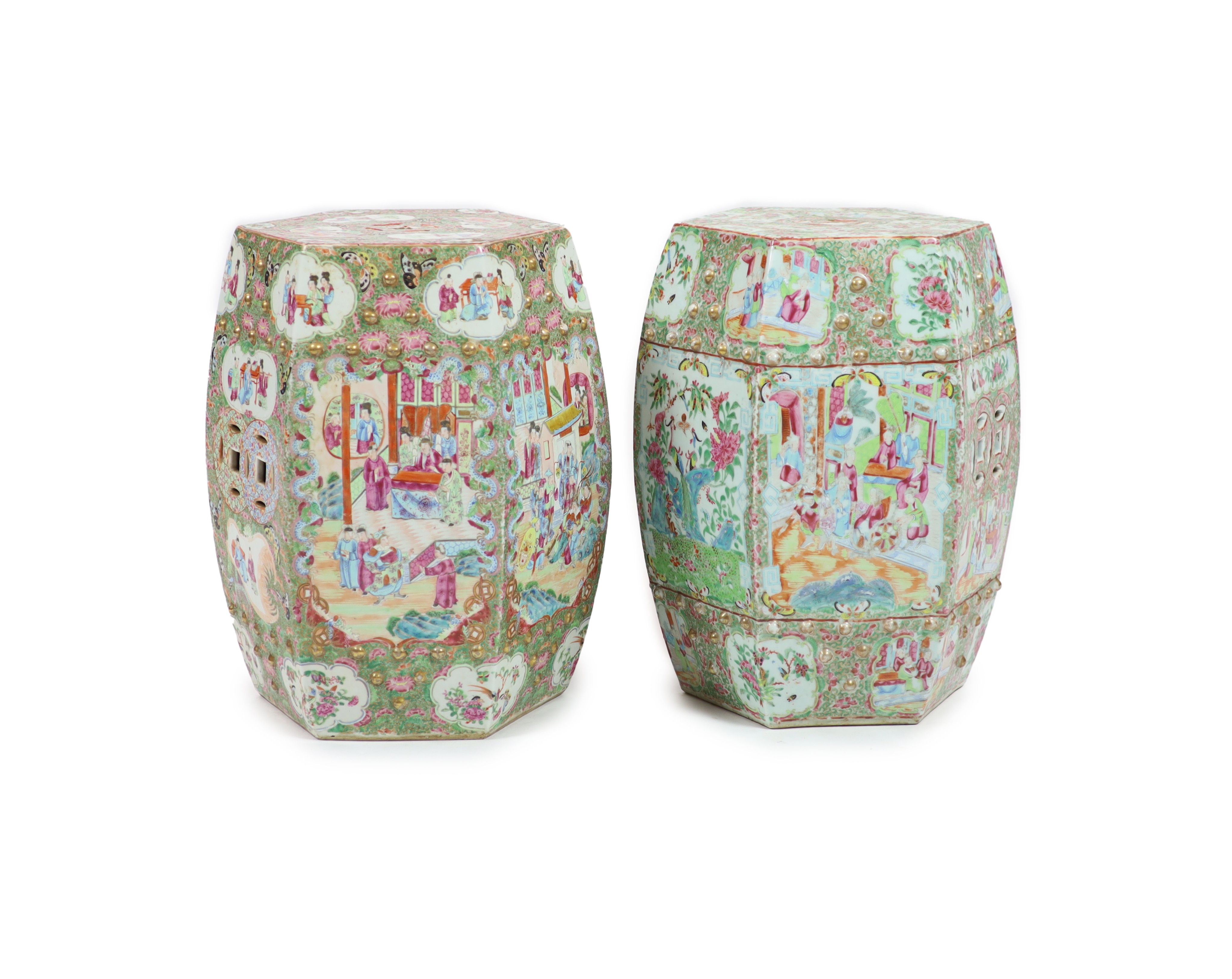 Two similar Chinese famille rose hexagonal garden seats, c.1830-50, 47 cm high